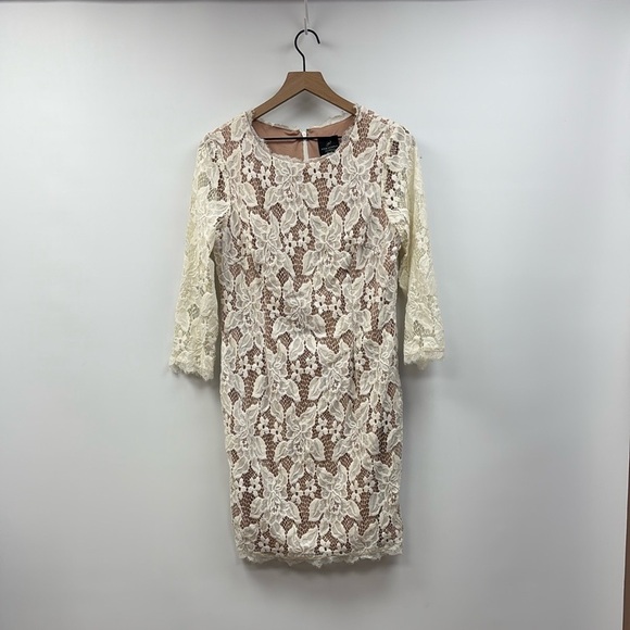 Adrianna Papell Floral Lace Overlay Sheath Mini Dress Formal Cream 14 - Picture 2 of 8